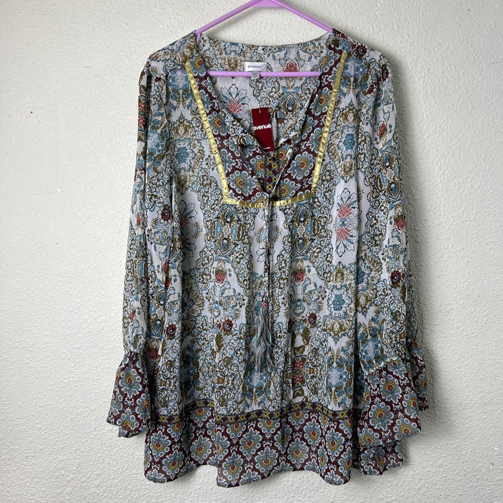 Avenue Shirt Womens 22/24 Plus Size Boho Tassels Blue Brown Floral Bell Sleeve